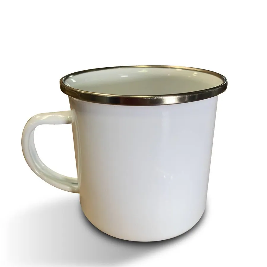 Taza Esmalte Blanco Con Borde Plateado De 12 Oz